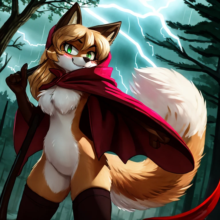 uploaded to E621, beautiful and detailed portrait of an anthropomorphic vixen ((female))), (detailed averi), (detailed lighting), (detailed fur), (detailed breasts), BREAK, (cinematic lighting), ((detailed background)), ((depth of field)), (half body shadow), ((looking at viewer)), [backlighting], [detailed ambient light], [ambient light on the belly], [realistic proportions], [, adult, ], [sharp focus], (), (shaded), (hi res), ((masterpiece)), (Averi, Fox girl), (anthro, fluffy fur), anthro fox girl, body fur, curvy, sexy, nice, cute, hot, sassy, sassy hips, (Averi, Fox girl), green eyes, solo, blush, smug smile, forest, trees, lightning, night, rain, wet fur, flat chest, chest fluff, striped thigh highs, colorful thigh highs, high socks, thigh high socks, striped high socks, legs adorned with colorful fabric, speech bubble, heart, hearts,  pose, sexy pose tail tip emanating magnificent magical fire, scarlet fire encircling the tail tip, fiery tail tip, fiery magical tail, magical tail fire, scythe with sharp blade, grim reaper's scythe, grim reaper girl, grim reaper, scythe, wearing grim reaper's cloth, dark hooded red cloak, red cloak, rugged broken clothes, wielding a scythe, clothes being blown by wind