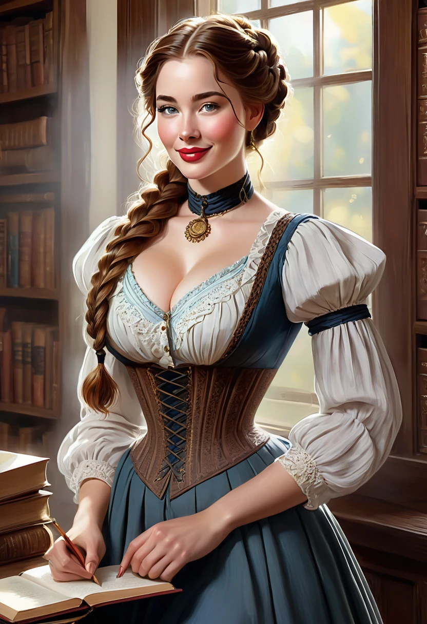 Beautiful Woman, Old West School Teacher, Full Lips, Auburn Hair Intricately But Loosely Braided. Deep_cleavage, Massive Chest. Detailed Beautiful Eyes, Pencil-Thin Waist, Wide Hips. Historically Accurate 1870s Old-West Frontier Dress. With Books. Gorgeous Smile, HourGlass Figure, Official Art, Award Winning Digital Painting, Digital Illustration, Extreme Detail, 4k, Ultra Hd, Rococo, Polished, Intricate, Realistic Fantasy Art, Sharp Focus, Concept Art, Art By Wlop, Artgerm, (2d Vector Illustration) Stunning Combination Anna Popplewell
