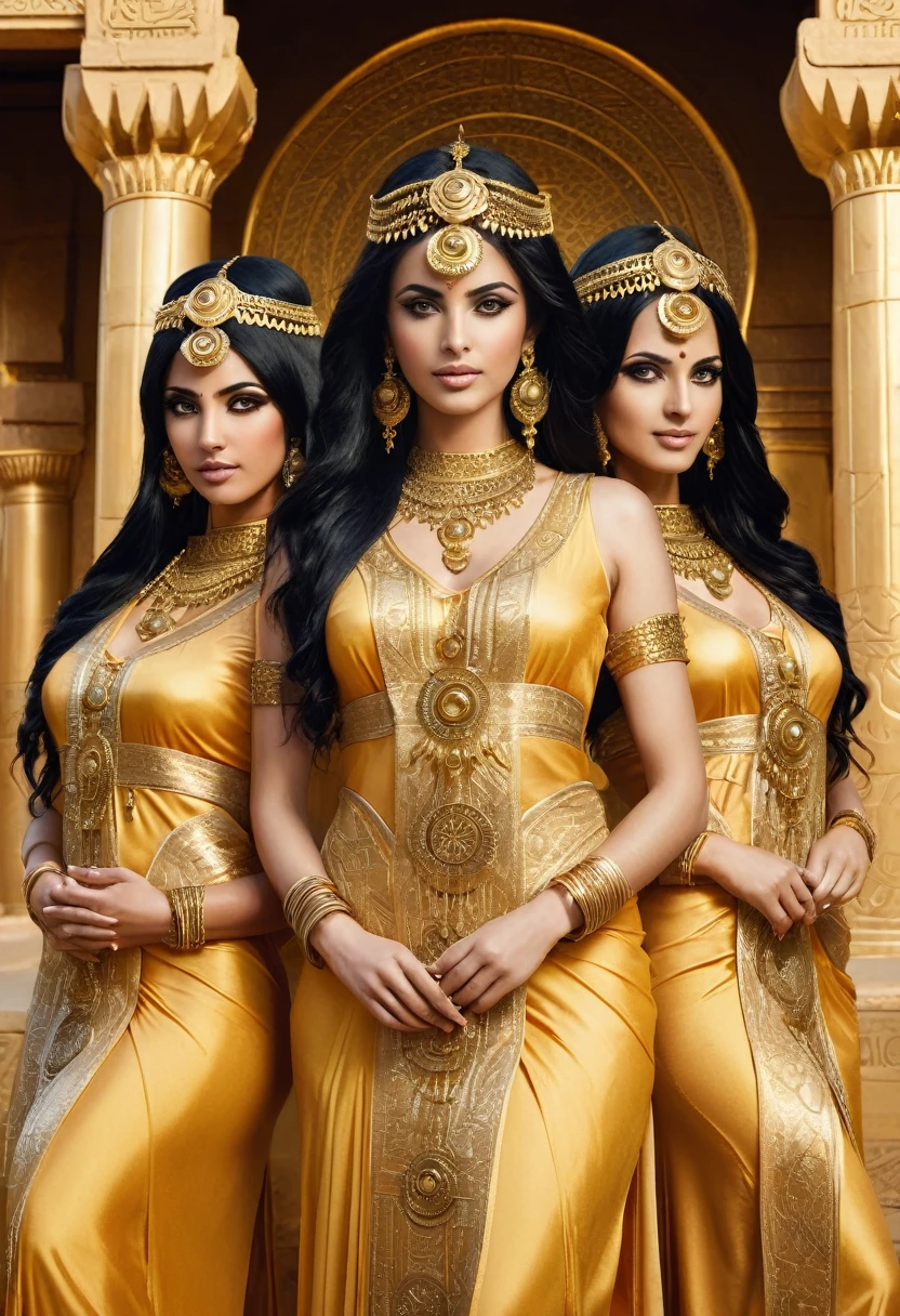 three priestesses of the sun temple, in golden dresses, black hair, golden eyes, a lot of decorations, Arabian architecture, circle symbols