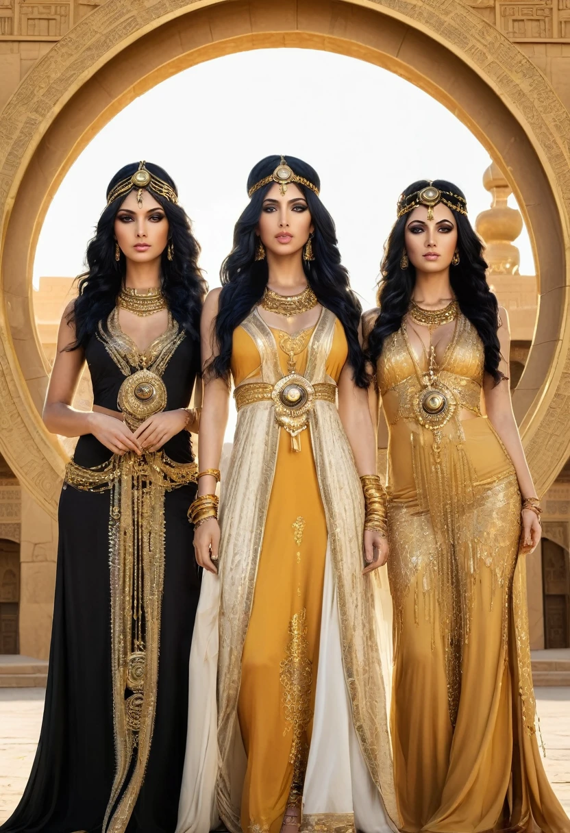 three priestesses of the sun temple, in golden dresses, black hair, golden eyes, a lot of decorations, Arabian architecture, circle symbols