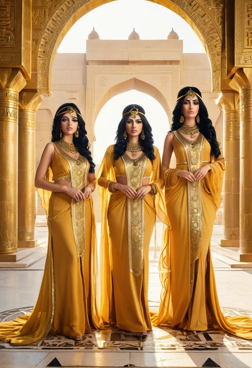 three priestesses of the sun temple, in golden dresses, black hair, golden eyes, a lot of decorations, Arabian architecture, circle symbols