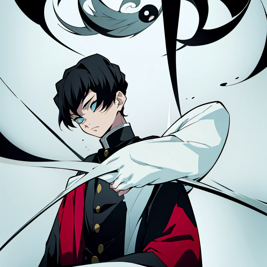 fifteen year old male, Uniform demon slayer, ying yang sword, Beautiful visual quality, Short hair, White and black color theme
