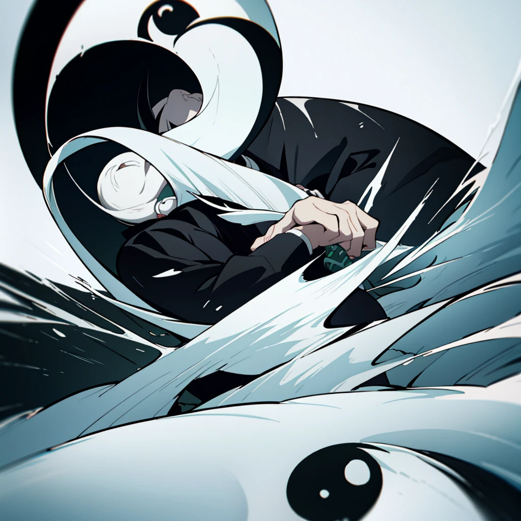 fifteen year old male, Uniform demon slayer, ying yang sword, Beautiful visual quality, Short hair, White and black color theme