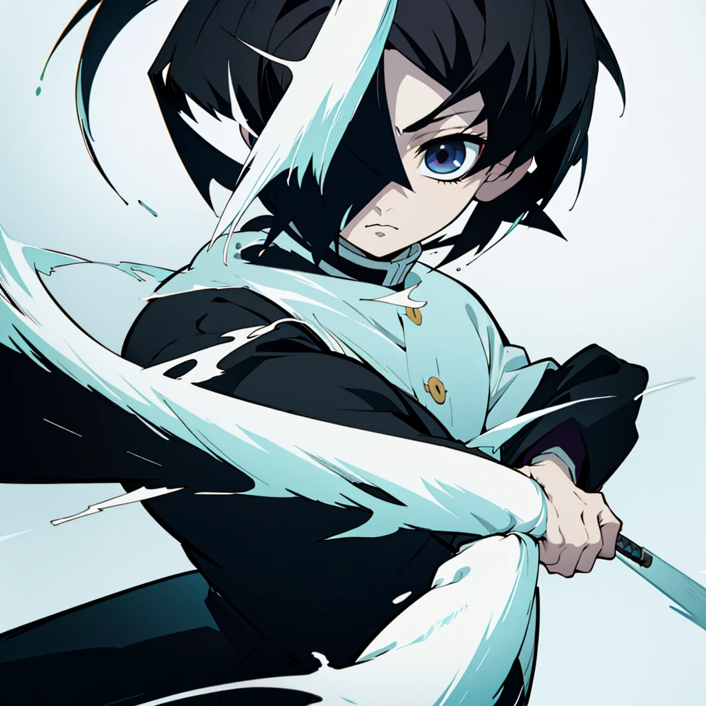 fifteen year old male, Uniform demon slayer, ying yang sword, Beautiful visual quality, Short hair, White and black color theme