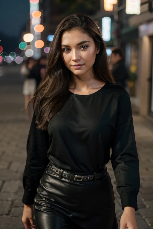 cute beautifull brunette, walking in the night, wearing a elegant black clothes, out door, full body, perfect angle, very detailed, 23 years old, flirty face, messy long hair, green eyes, hight-res, masterpiece, best quality, intricate details, highly detailed, sharp focus, detailed skin, realistic skin texture, texture, detailed eyes, professionnal, 4k, smile, shot on Canon, 85mm, shallow depth of field, kodak vision color, eyeshadow, extremely detailled, photo_(ultra), photorealistic, realistic, post-processing, max detail, roughness, real life, ultra realistic, photorealism, photography, 8k uhd, photography, pokies