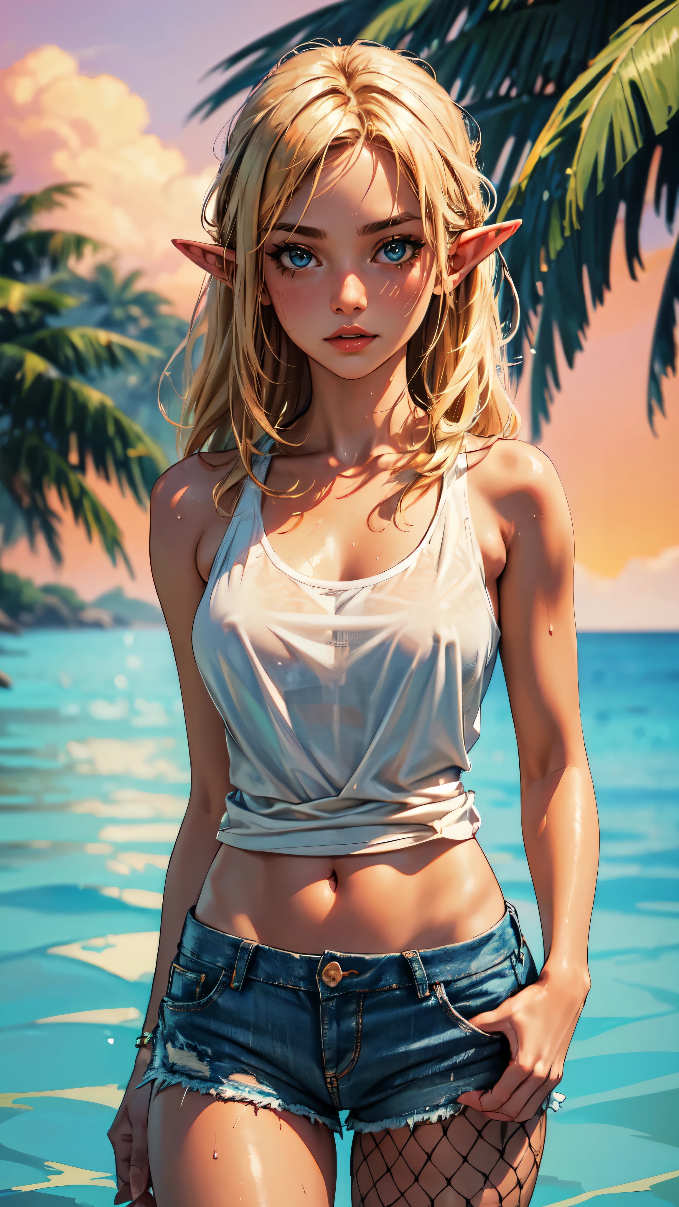 1girl, tanned, wet, seductive girl, blonde hair, wearing fishnet pantyhose, denim shorts, plain white tank top, tropical background, sunset, highres, 8k, absurdres, masterpiece, looking at viewer, leaning towards viewer,,detailed hands, detailed eyes, detailed face,full body, elf girl
