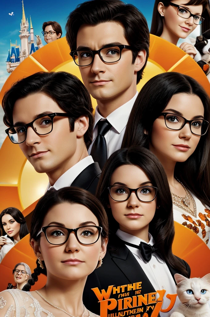 Disney Pixar type poster, white kitten with black and orange and wedding couple brunette woman with straight black hair wears glasses and man with brown hair brunette skin