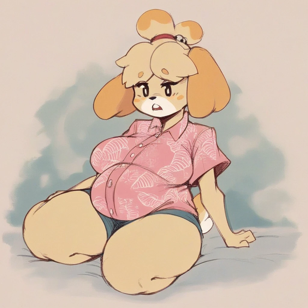 score_9, score_8_up, score_7_up, score_6_up, score_5_up, score_4_up, rating_safe, isabelle \(animal crossing\), pregnant, thick thighs, , pink Hawaiian shirt, QIEMANCN