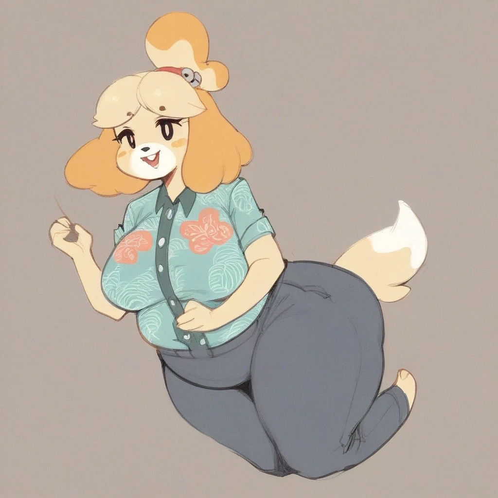score_9, score_8_up, score_7_up, score_6_up, score_5_up, score_4_up, rating_safe, isabelle \(animal crossing\), pregnant, thick thighs, big breasts, pink Hawaiian shirt, QIEMANCN