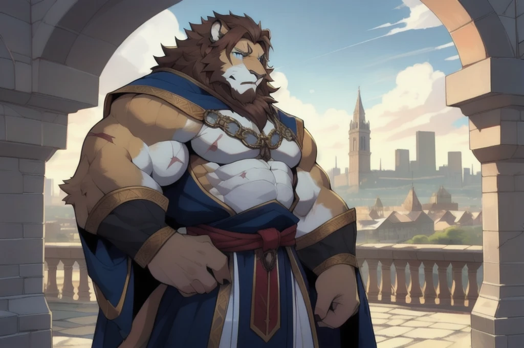 Male, solo, lion, (golden fur), blue eyes, (brown hair, short hair), (cheek scar, old scar), (detailed face, detailed eyes, detailed), king, mature male, olde male, muscular male, masterpiece, best quality, standing, city, kimgdom, medieval king clothes, standing, hypermuscle, confident smile, crown