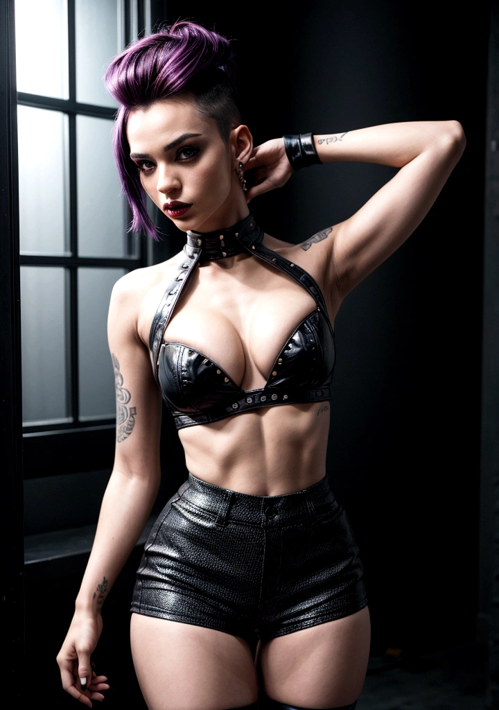 photorealistic:1.2, close up, a rock girl in very tight shorts, portrait, full body shot, avant-garde fetish clothing, dark lipstick, with short spiky violet hair, slim athletic body, confident expression, punk style, seductive erotic art, playboy, erotic atmosphere, provocative pose, dynamic lighting, vibrant colors, ARRI ALEXA 65, 50mm lens