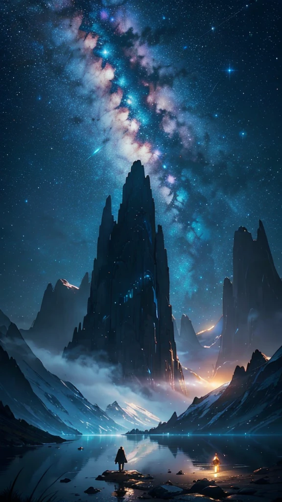 Starry sky with mountains and lake, Jessica Rossier, Inspired by Jessica Rossier, Jessica Rossier Fantasy Art, Magical Highlights of Concept Art, offcial art, dream painting, ethereal realm, Atmospheric art, dreamy matte paintings, serene infinite stars inspired by Ted Nasmith, starry environments lit by the moon, epic music album covers.