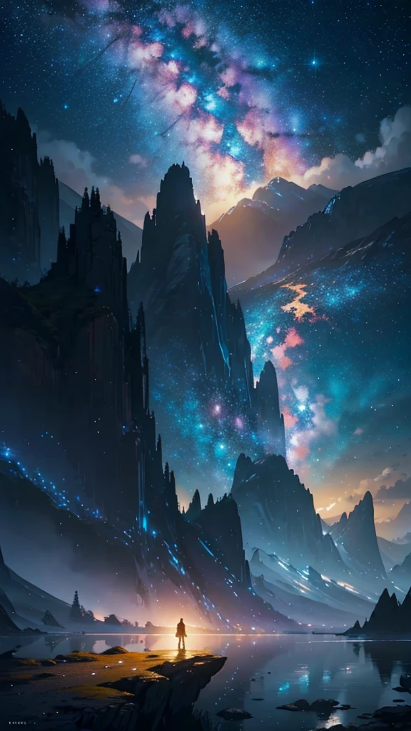 Starry sky with mountains and lake, Jessica Rossier, Inspired by Jessica Rossier, Jessica Rossier Fantasy Art, Magical Highlights of Concept Art, offcial art, dream painting, ethereal realm, Atmospheric art, dreamy matte paintings, serene infinite stars inspired by Ted Nasmith, starry environments lit by the moon, epic music album covers.