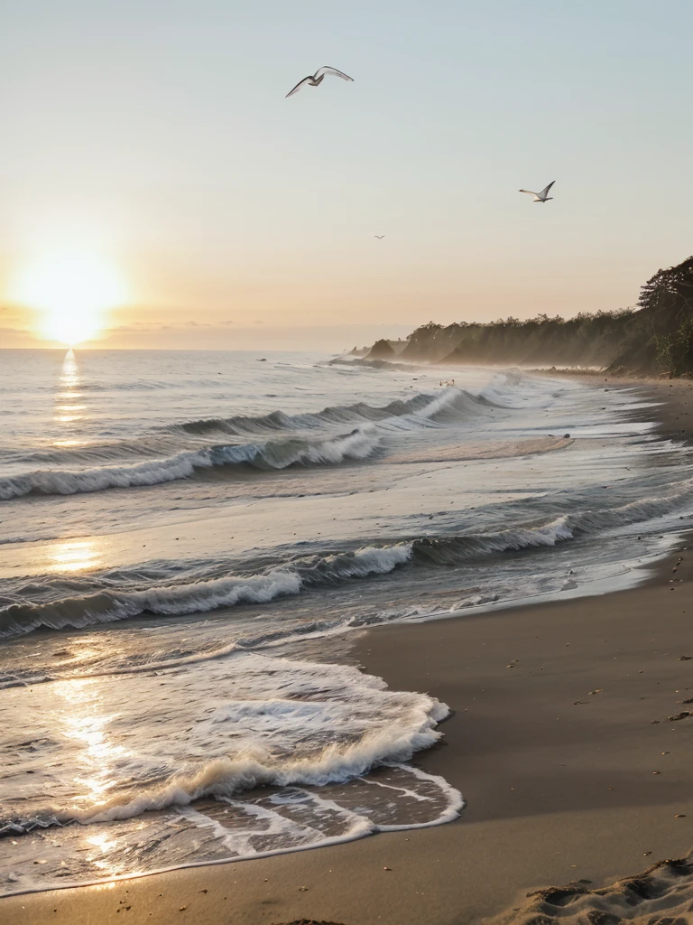 Sunrise on beach with waves on sea and forest behind, seagulls in air, small birds on sand