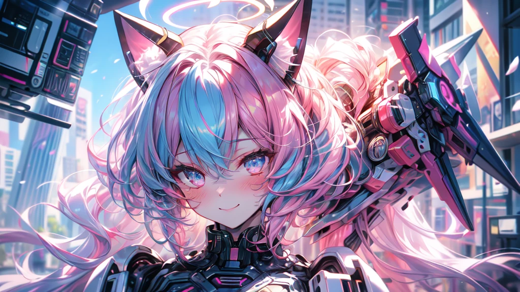 fake animal ears, light smile, ear blush, canine, pink hair, hits, Curly hair, side braid, halo, killed, animal ears, cat ears, surrealism, drop shadow, anaglyph, stereogram, Tachi-e, to throw, atmospheric perspective, 8k, super detail, necessary, Best Quality