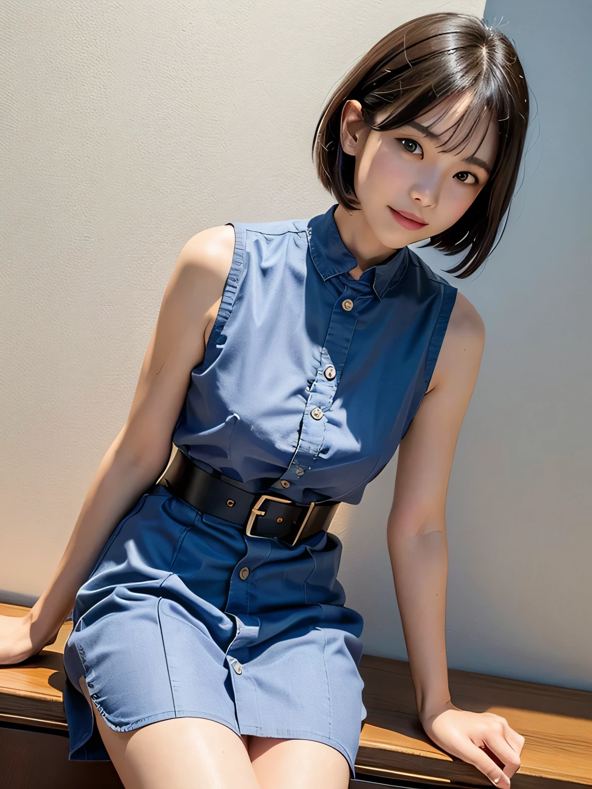 (Highest quality,masterpiece:1.3,Ultra-high resolution),(Very detailed、Caustics) (Realistic:1.4, RAW shooting、)Ultra-Realistic Capture、Very detailed、Natural skin texture、masterpiece、(Japanese woman wearing a sleeveless red button-down shirt dress:1.3), slender、Adorable expression、Expressions of happiness、14 years old、height: 160cm、Young Face、Amazingly cute、Short Bob Hair、Straight hair、Scrunchie、Black Hair、light makeup、Shapely small breasts、Shining thighs、Skin Arm、Background details、smile、An inviting gaze、Anatomically correct、Cowboy Shot、Attention to detail、Light blue wall、Empty Hands、I can see your thighs、sexy