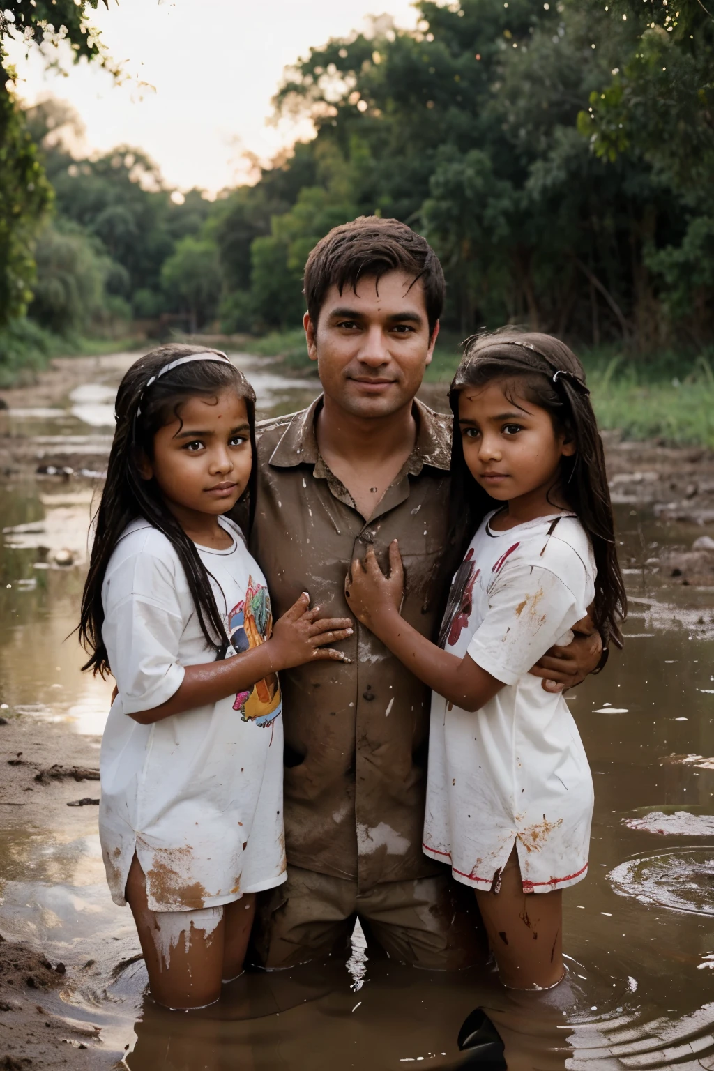 nice looking white dad with his two little indian girls posing in muddy background