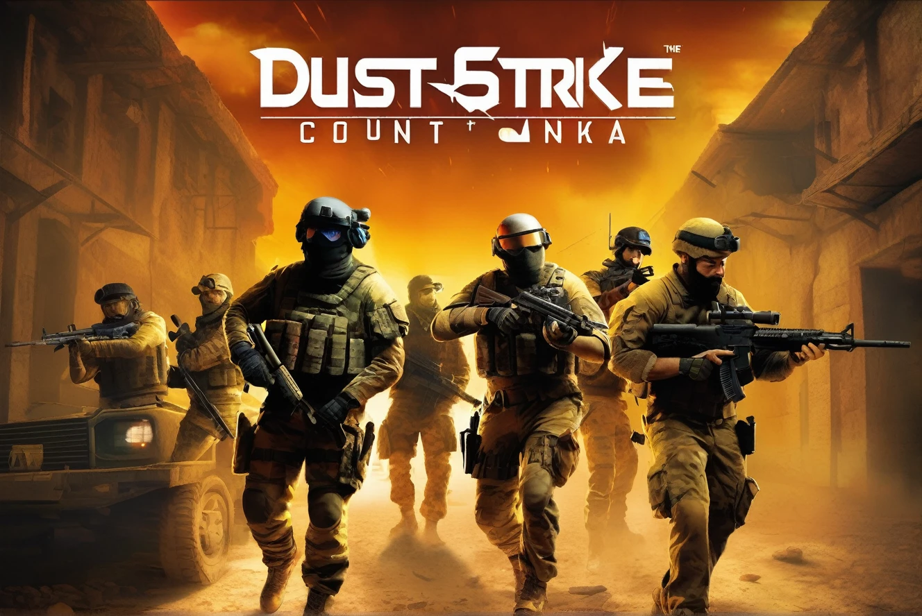 (((Magic cinematic game POSTER:)1.5)) Celebrate “25 years” of tactical excellence with this visually stunning and dynamic poster commemorating the iconic ((“Counter-Strike”)) franchise. At the center, a group of classic Counter-Strike characters, both counter-terrorists and terrorists, are depicted in high-octane action poses, showcasing their unique skills and weapons. The background features a montage of legendary maps and locations from the series, such as Dust II, Nuke, and Inferno, creating a nostalgic yet modern atmosphere. Bold and vibrant colors, including the franchise's signature greens, yellows, and blacks, create a striking visual effect. The (((Counter-Strike))) and Valve logos are prominently displayed, acknowledging the game's developer and publisher. The prominent "25 Years" text, written in a sleek, modern font, portrait photography, cinematic, poster, illustration, product, vibrant
