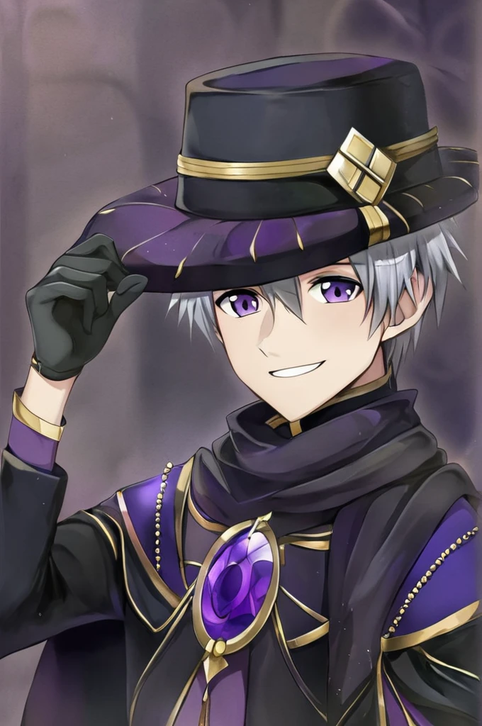 masterpiece, best quality,Intricate details, 15 year old boy, Short and cute, Handsome, Dark Temple, Smiling, Silver grey short hair, Close your right eye,, Stylish black robe,Purple gemstone decoration,Dark purple and black scarf and woolen hat,Fair skin,Black gloves