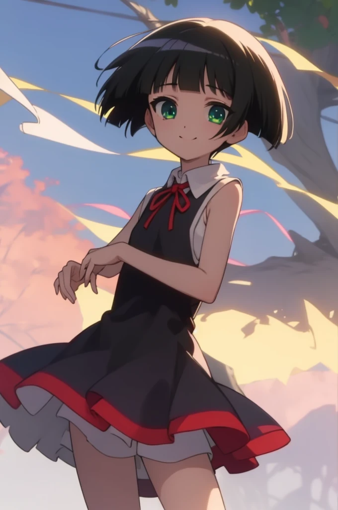 ((masterpiece)),(best quality),official art,extremely delicate and beautiful,extremely detailed CG,unity 8k wallpaper,ultra detailed,beautiful detailed eyes,extremely detailed face,outdoors,1girl,solo,cowboy shot,looking at viewer,facing viewer,smile,(petite:1.2),Ichimatsu Kohina,medium hair,black hair,bob cut,blunt bangs,green eyes,,red ribbon,sleeveless dress,black dress,white shirt,collared shirt,small breasts,white socks,uwabaki,
