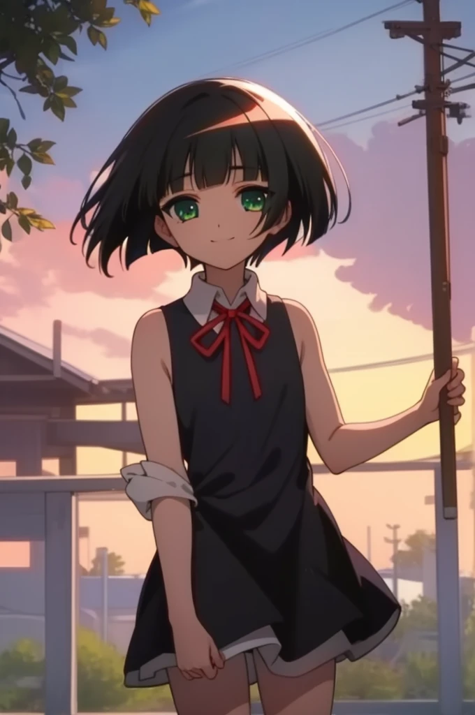 ((masterpiece)),(best quality),official art,extremely delicate and beautiful,extremely detailed CG,unity 8k wallpaper,ultra detailed,beautiful detailed eyes,extremely detailed face,outdoors,1girl,solo,cowboy shot,looking at viewer,facing viewer,smile,(petite:1.2),Ichimatsu Kohina,medium hair,black hair,bob cut,blunt bangs,green eyes,,red ribbon,sleeveless dress,black dress,white shirt,collared shirt,small breasts,white socks,uwabaki,