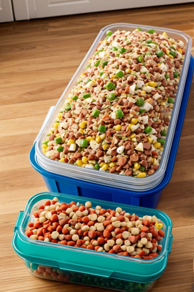 An overturned rabbit food container