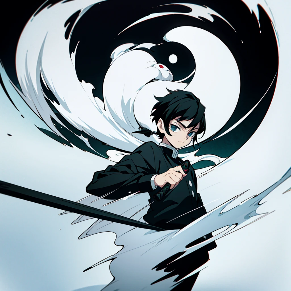 fifteen year old male, Uniform demon slayer, ying yang sword, Beautiful visual quality, Short hair, White and black color theme