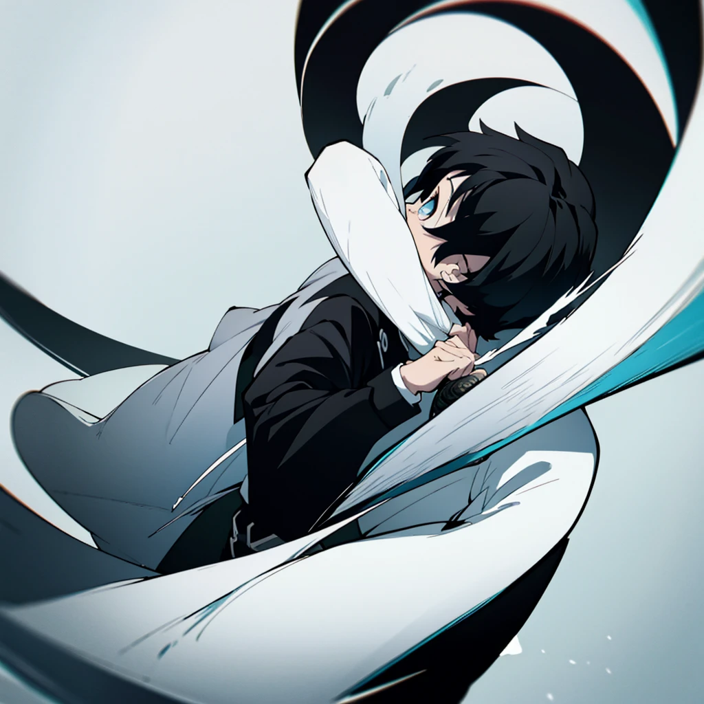 fifteen year old male, Uniform demon slayer, ying yang sword, Beautiful visual quality, Short hair, White and black color theme