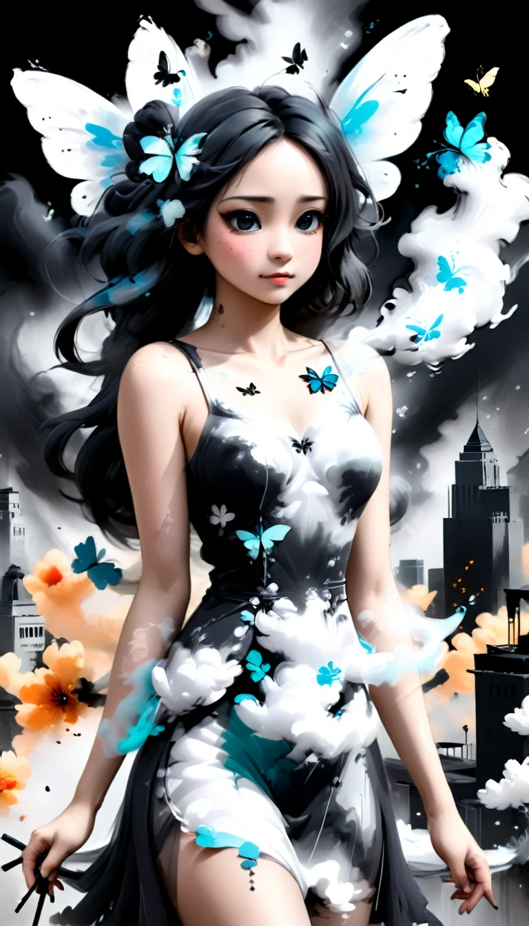 A beautiful young Asuna, with eyes of emotion and dressed elegantly by flowers and butterflies of smoke, charcoal black smoke and black ink strokes with paintbrushes and brushes. With a chaotic city background.