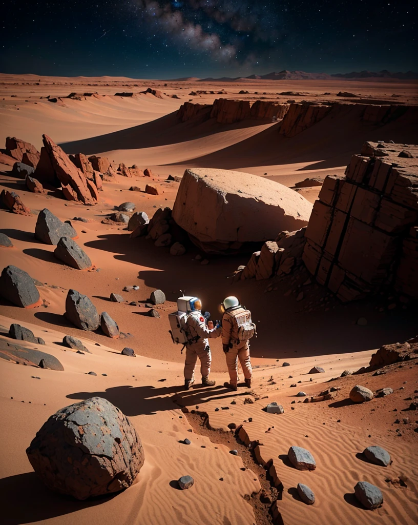 Create a painting of two astronauts standing back-to-back on Mars at night. The environment should be very rocky, with numerous stones and boulders scattered across the landscape. The Martian terrain is illuminated by the faint light of distant stars and the astronauts' headlamps. The sky is dark and filled with stars, with the reddish hue of Mars' surface contrasting against the cold, dark night. The astronauts should appear vigilant and alert, as if they are on guard, with their suits and equipment reflecting the dim light. Ensure the rocky terrain and scattered stones emphasize the rugged, desolate nature of Mars.