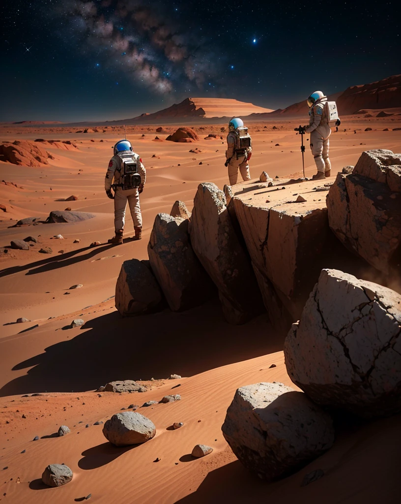 Create a painting of two astronauts standing back-to-back on Mars at night. The environment should be very rocky, with numerous stones and boulders scattered across the landscape. The Martian terrain is illuminated by the faint light of distant stars and the astronauts' headlamps. The sky is dark and filled with stars, with the reddish hue of Mars' surface contrasting against the cold, dark night. The astronauts should appear vigilant and alert, as if they are on guard, with their suits and equipment reflecting the dim light. Ensure the rocky terrain and scattered stones emphasize the rugged, desolate nature of Mars.
