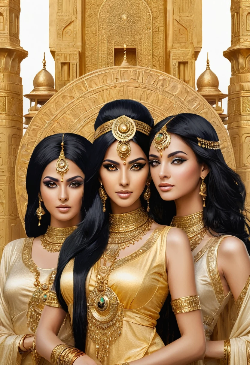 three priestesses of the sun temple, in golden dresses, black hair, golden eyes, a lot of decorations, Arabian architecture, circle symbols