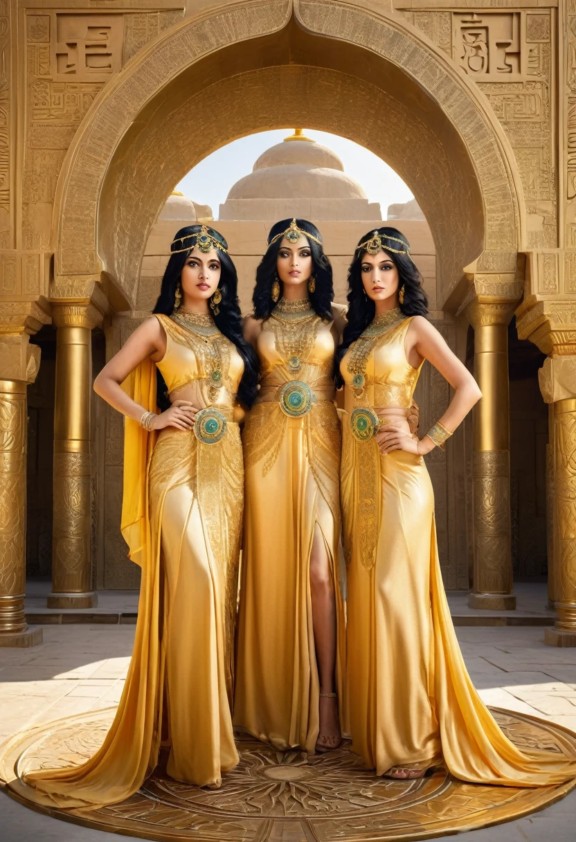 three priestesses of the sun temple, in golden dresses, black hair, golden eyes, a lot of decorations, Arabian architecture, circle symbols