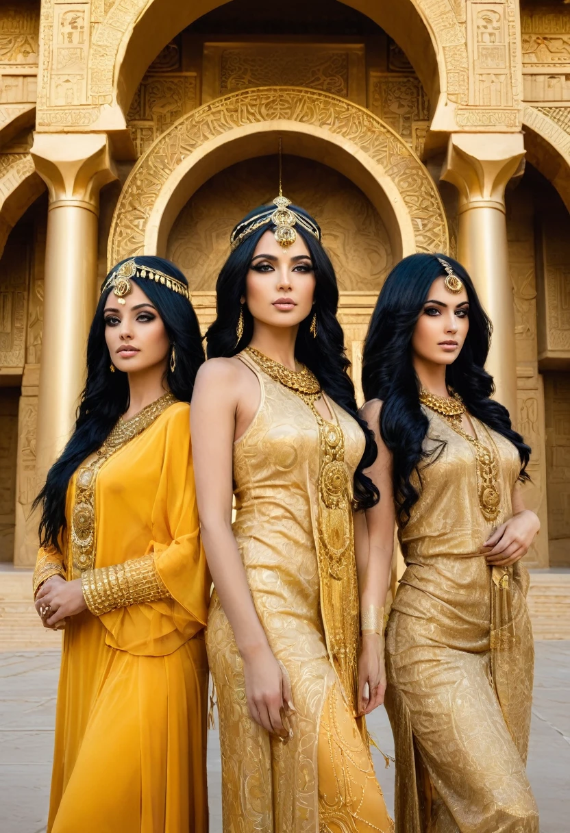three priestesses of the sun temple, in golden dresses, black hair, golden eyes, a lot of decorations, Arabian architecture, circle symbols