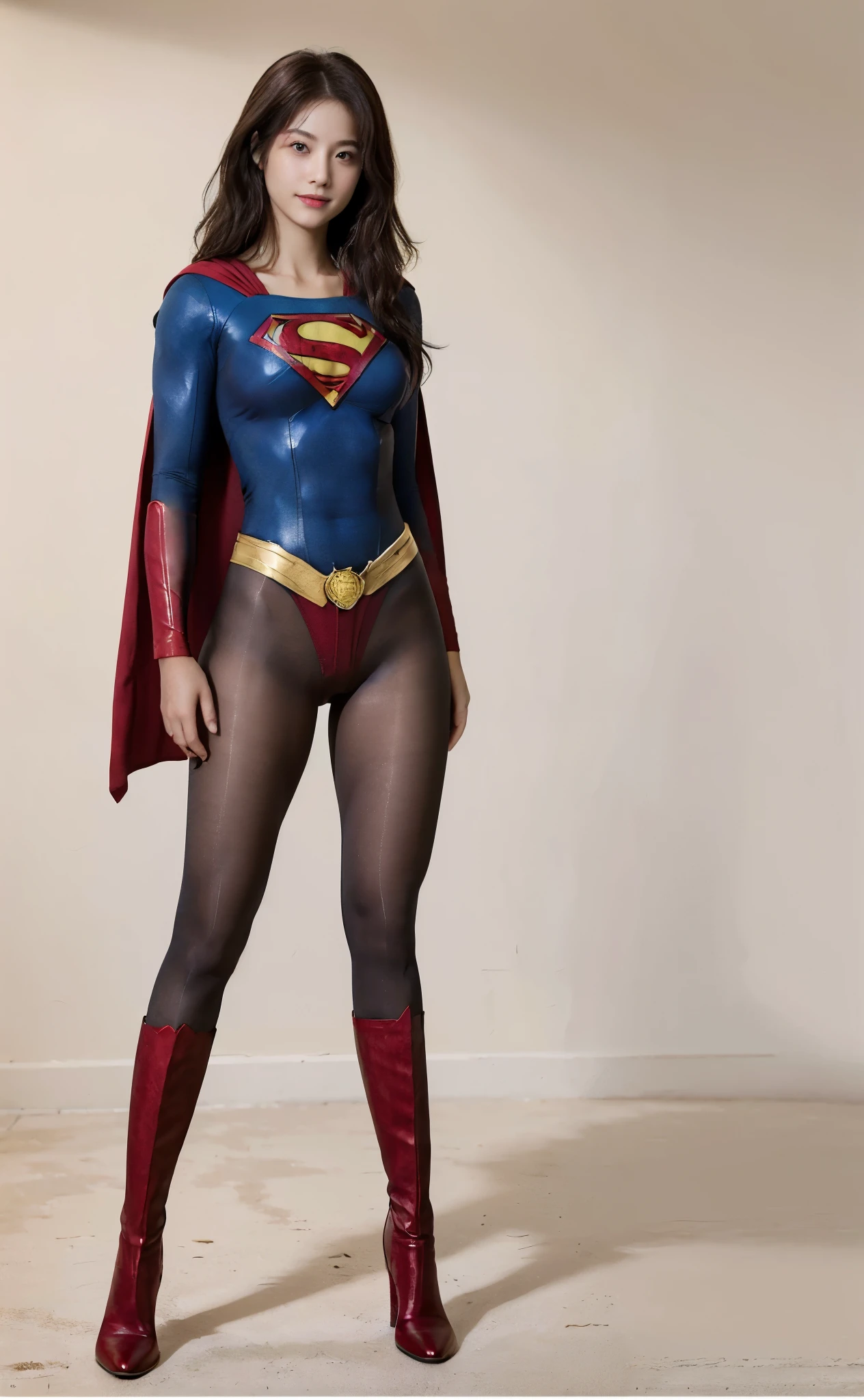 No background、(((Beautiful legs in black tights.)))、(((Legally express the beauty of your smile)))、((((Make the most of your original images)))、(((Body-hugging Supergirl costume)))、(((Supergirl Costume)))、(((Beautiful Hair)))、(((suffering)))、(((Please wear black tights....、Wear red boots)))、((Best image quality、8K))、((Highest quality、8K、masterpiece:1.3))、(((Preserve background )))、Sharp focus:1.2、Beautiful woman with perfect figure:1.4、Slim Abs:1.2、Wet body:1.5、Highly detailed face and skin texture、8K