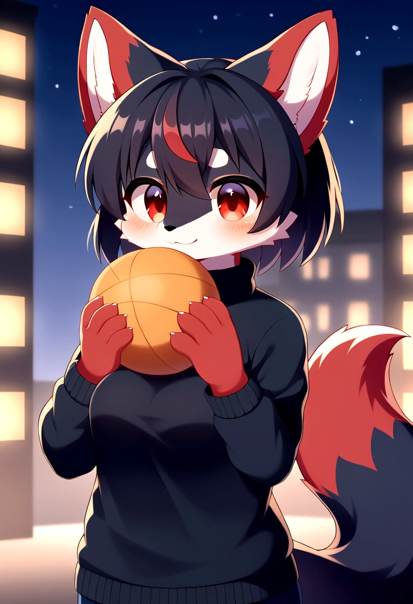 best quality, kemono, anime, female, furry, anthro, full body, solo, fox, two tone body, (masterpiece), beautiful, highly detailed, 8k uhd, intricate details, best quality, HD, 1girl, furry, fluffy, anthro, black face fur with red spots, (cute, adorable face:1.3), {black fur|red fur}, two tone fur, dual tone fur, black sweater, night, blurry night city background, fov, upper body