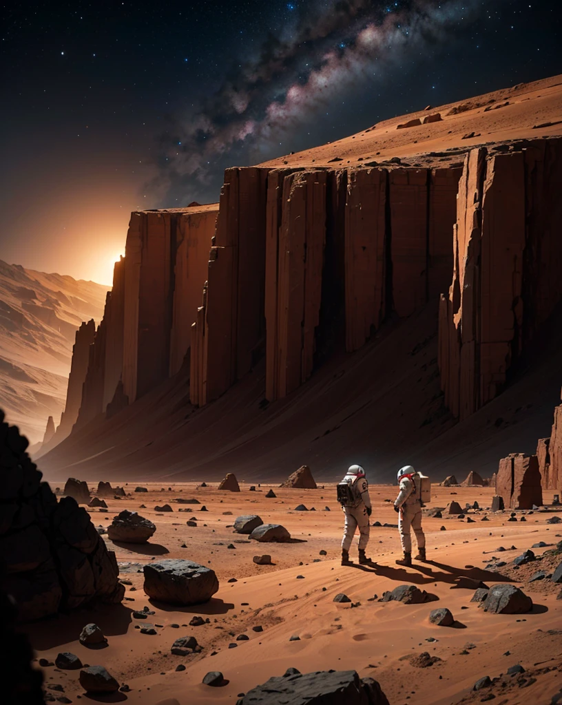 Create a painting of two astronauts standing back-to-back on Mars at night. The environment should be very rocky, with numerous stones and boulders scattered across the landscape. The Martian terrain is illuminated by the faint light of distant stars and the astronauts' headlamps. The sky is dark and filled with stars, with the reddish hue of Mars' surface contrasting against the cold, dark night. The astronauts should appear vigilant and alert, as if they are on guard, with their suits and equipment reflecting the dim light. Ensure the rocky terrain and scattered stones emphasize the rugged, desolate nature of Mars.