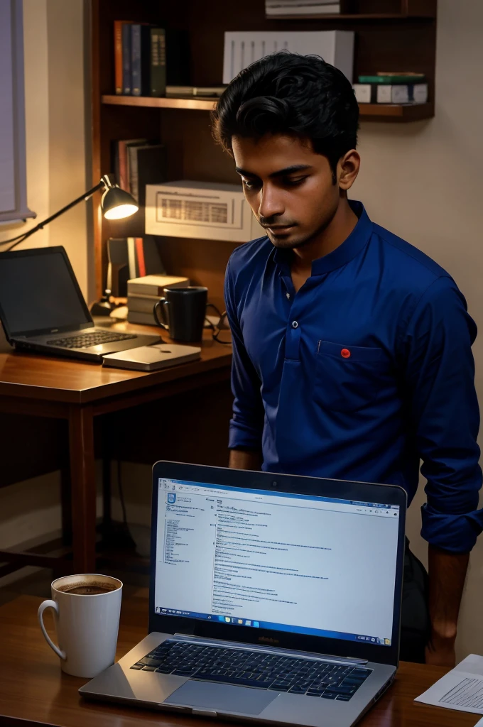 Aman, a young and focused software developer, is working intensely on his laptop in a dimly lit office in Delhi.
The room is filled with tech gadgets, papers, and coffee cups, indicating his dedication and long hours of work.