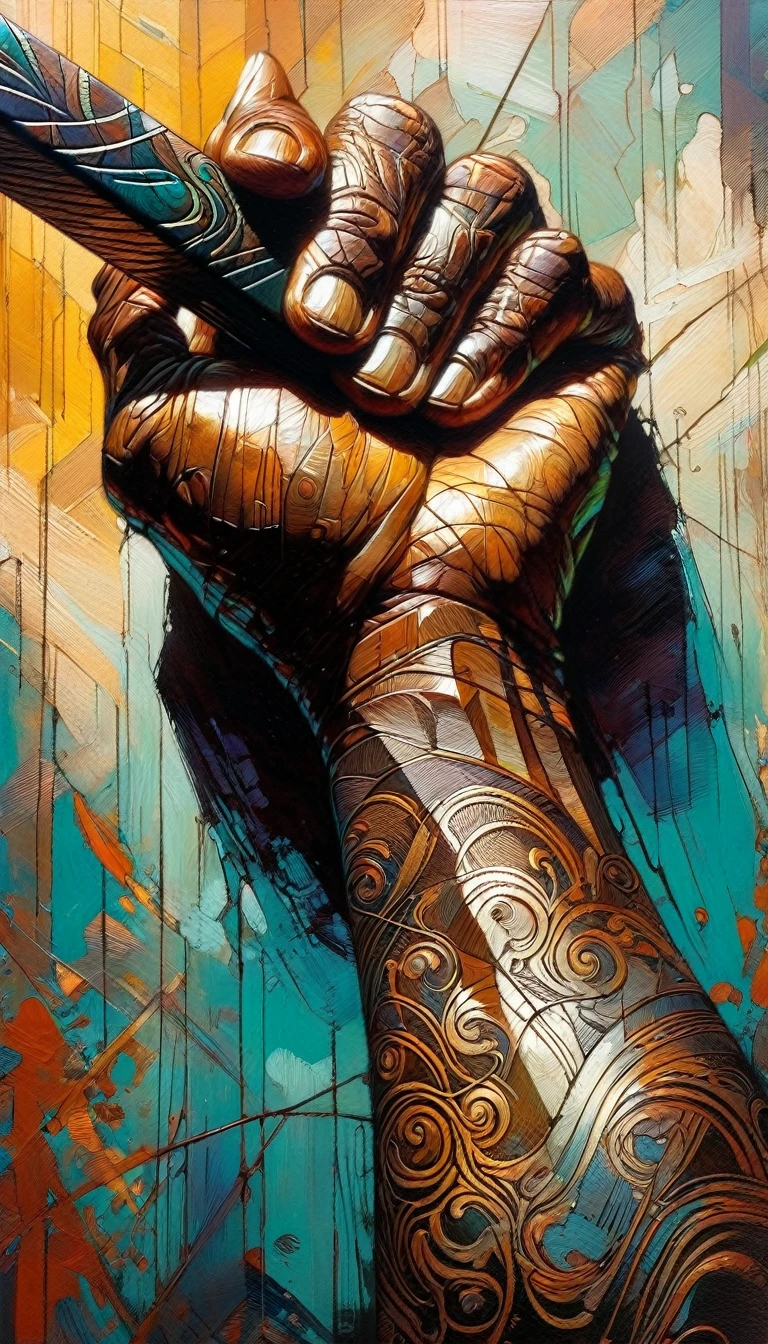 a hand holds a wooden club (art inspired by Bill Sienkiewicz, intricate details, oil painting)