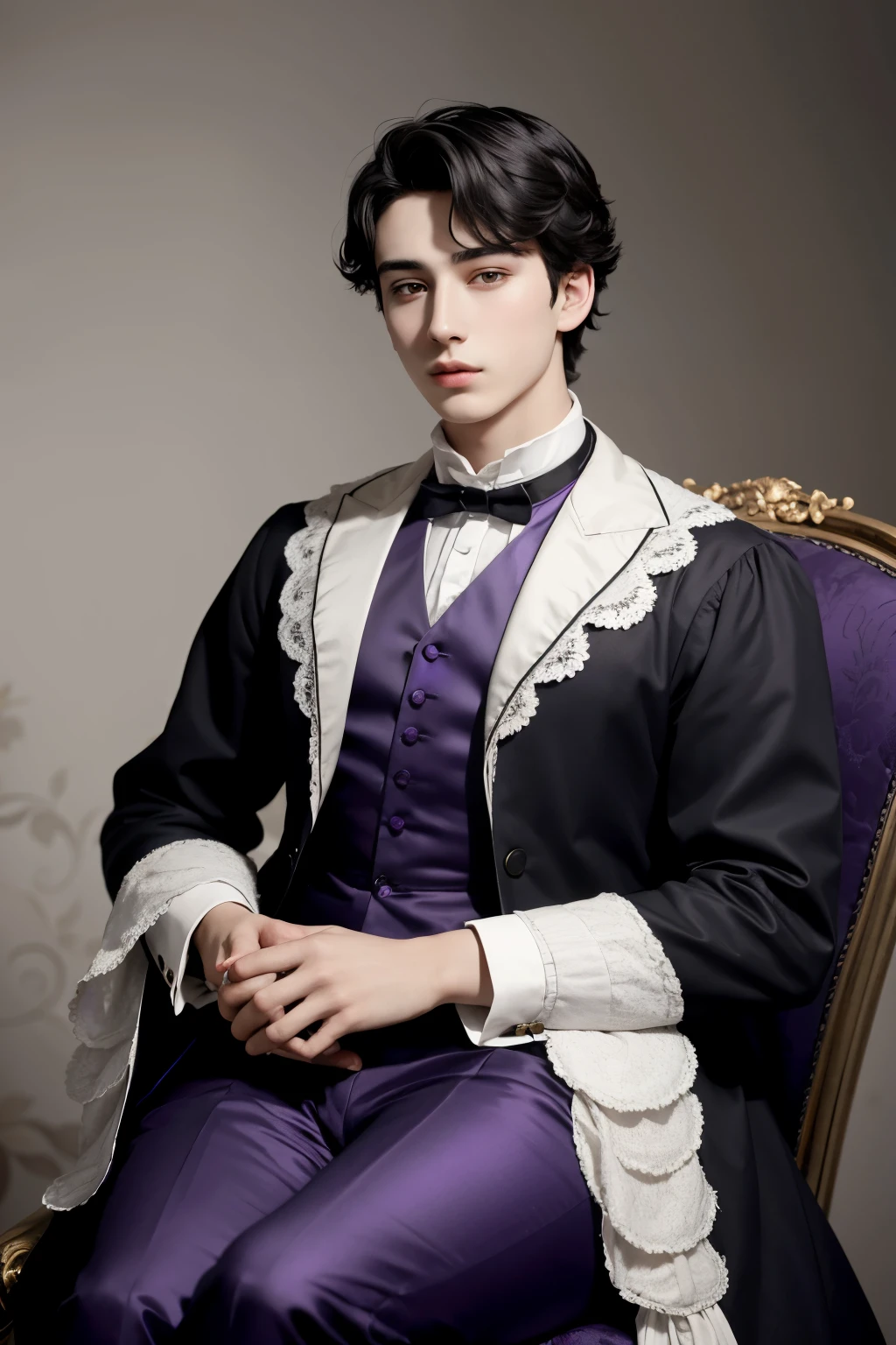 20 year old man with black hair white skin and purple eyes Victorian style Monet