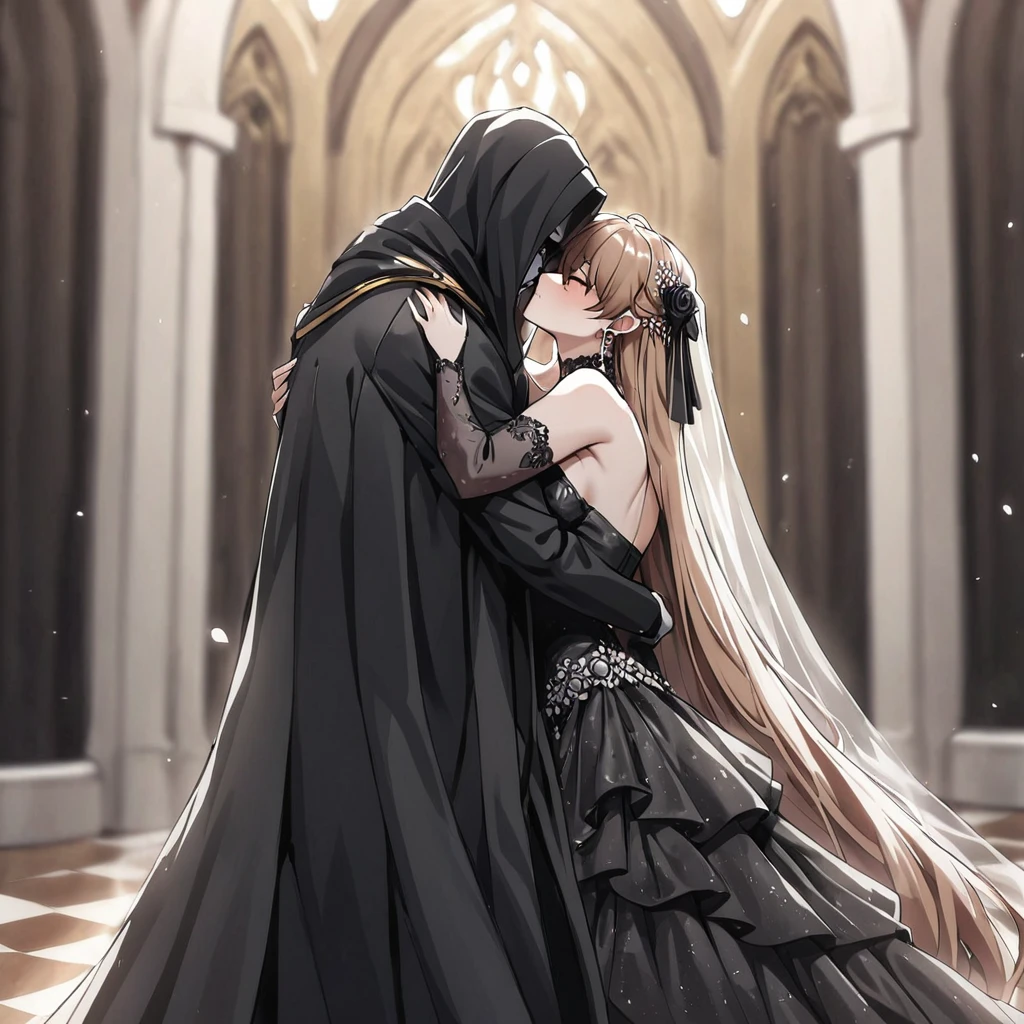 ((Highest quality)), ((masterpiece)), (detailed), (Perfect Face)、The woman is Princess Leona, with long light brown hair, and is wearing a lavishly jeweled, seductive black wedding dress and a black wedding veil, the epitome of an evil bride.、In a luxurious church wedding hall, a woman is getting married to a dignified and powerful middle-aged evil emperor dressed in a luxurious black outfit, embracing each other and kissing their vows.、The woman has long hair