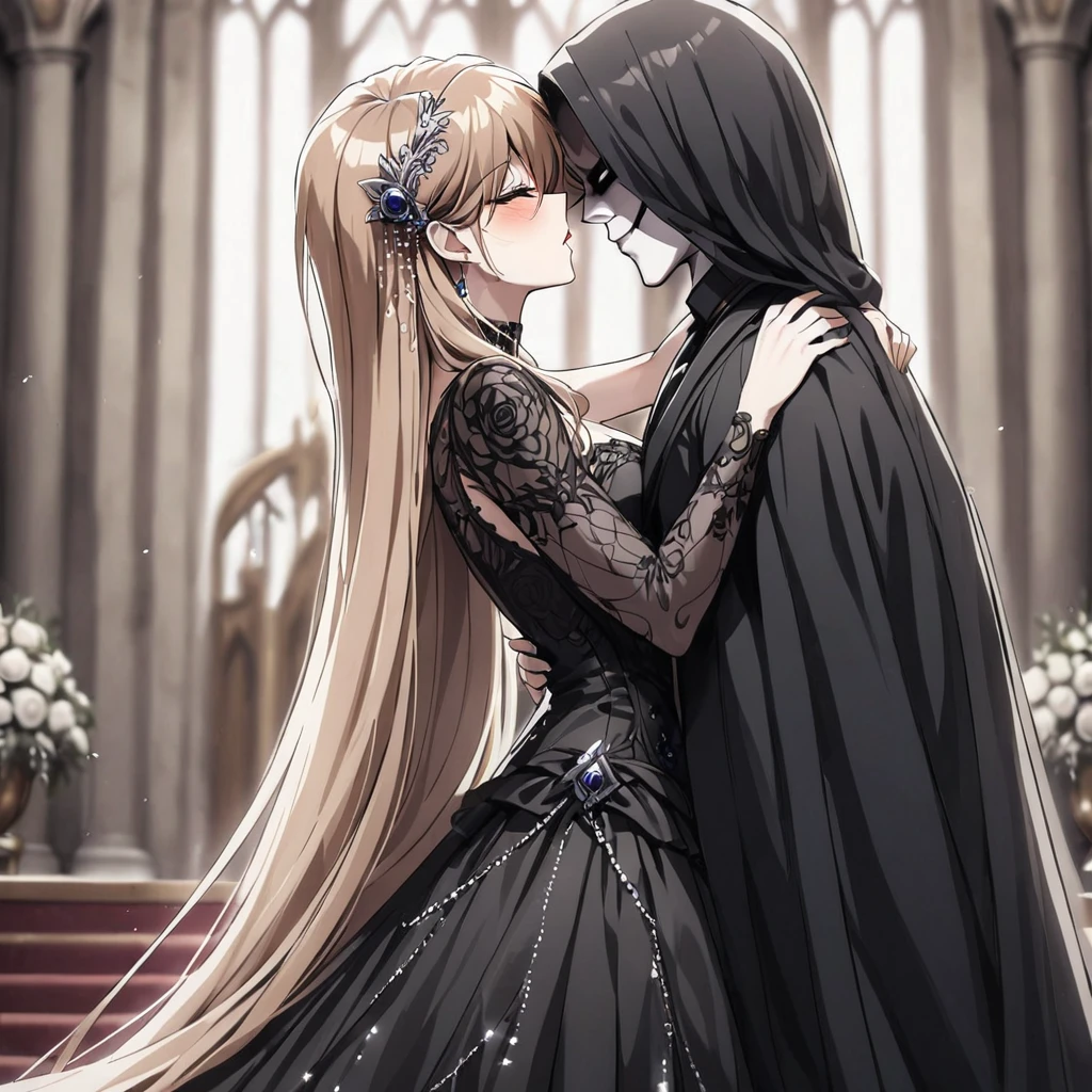 ((Highest quality)), ((masterpiece)), (detailed), （Perfect Face）、The woman is Princess Leona, with long light brown hair, and is wearing a lavishly jeweled, seductive black wedding dress and a black wedding veil, the epitome of an evil bride.、In a luxurious church wedding hall, a woman is getting married to a dignified and powerful middle-aged evil emperor dressed in a luxurious black outfit, embracing each other and kissing their vows.、The woman has long hair