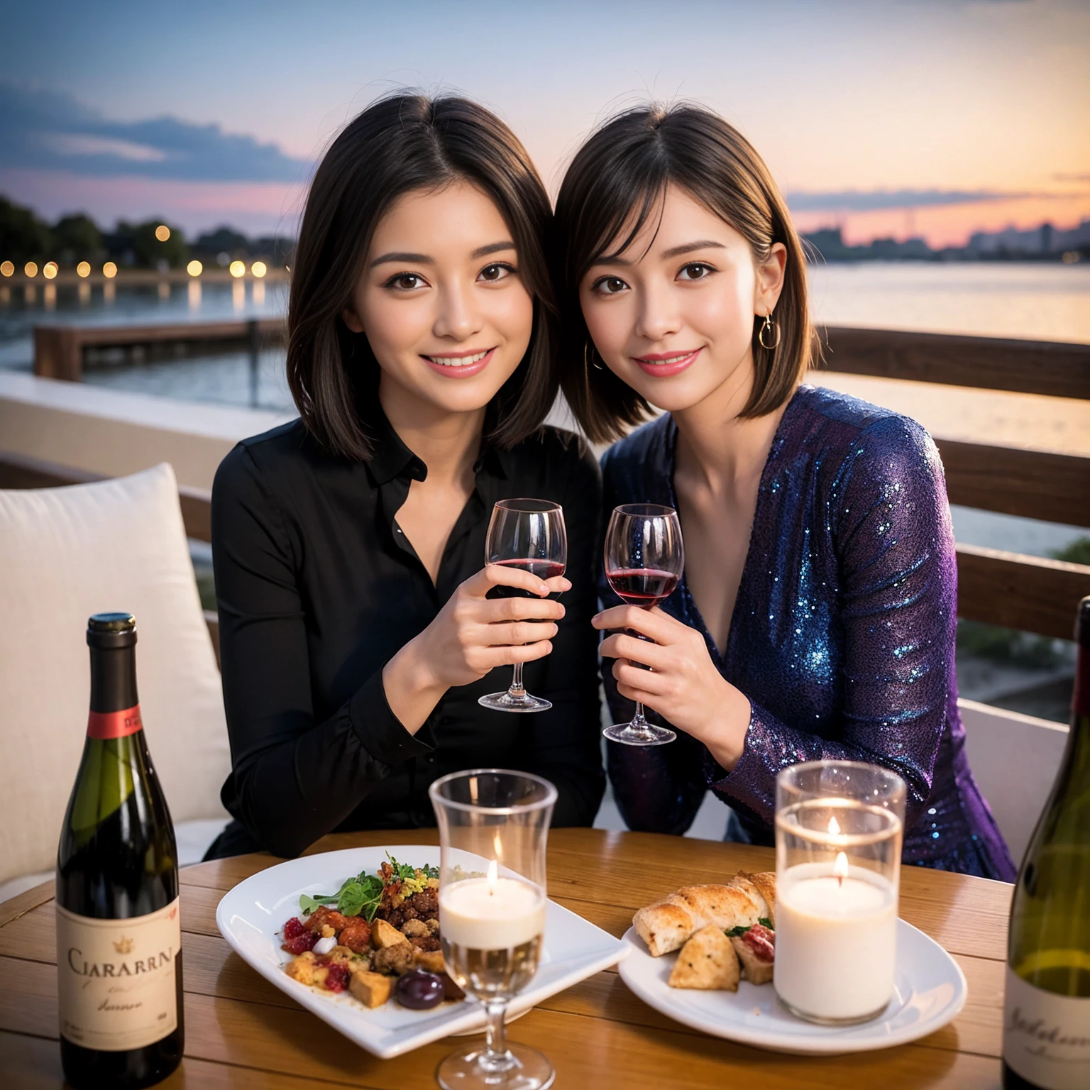 ((Highest quality、8K、masterpiece:1.3))、 (Ultra-realistic、 Genuine、Bright image、Intricate details:1.2), 最高のsmile、1 male 1 female、Wine Party、Beautiful couple、Love Love Love、Tokyo Lovers、Beautiful friends、actress couple、smile、Full-course dinner at a packed table、 (Slim face), (the body is slim), (Brown Hair), (short hair), テーブルのwine glass、Please shine a light on my face、 Amazing view of the sunset sky and clouds、 years old 39 years old, red wine 、Appetizers、Wine bottle、sparkling wine、Long sleeve shirt、dress、White wine, red wine, wine glass, 