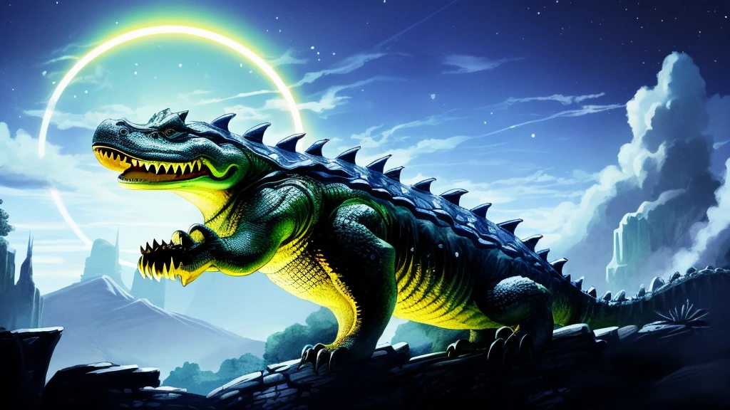 Detailed digital illustration of an anthropomorphic crocodile ,sacred,There is a halo behind it。