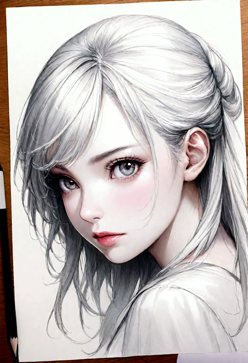 ((Hyper-realistic portraits))、(Draw in detail with a pencil)、(Black and White)、Beautiful Japanese Women、Face Focus、Shiny Hair、18-year-old、