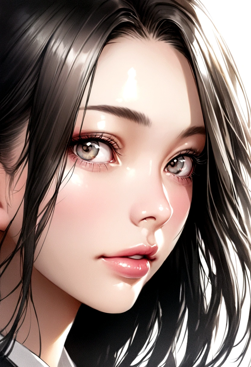 ((Hyper-realistic portraits))、(Draw in detail with a pencil)、(Black and White)、Beautiful Japanese Women、Face Focus、Shiny Hair、18-year-old、