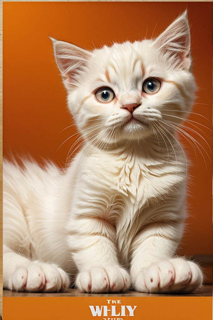 Pixar type poster, very hairy white kitten with orange colors calico cat
