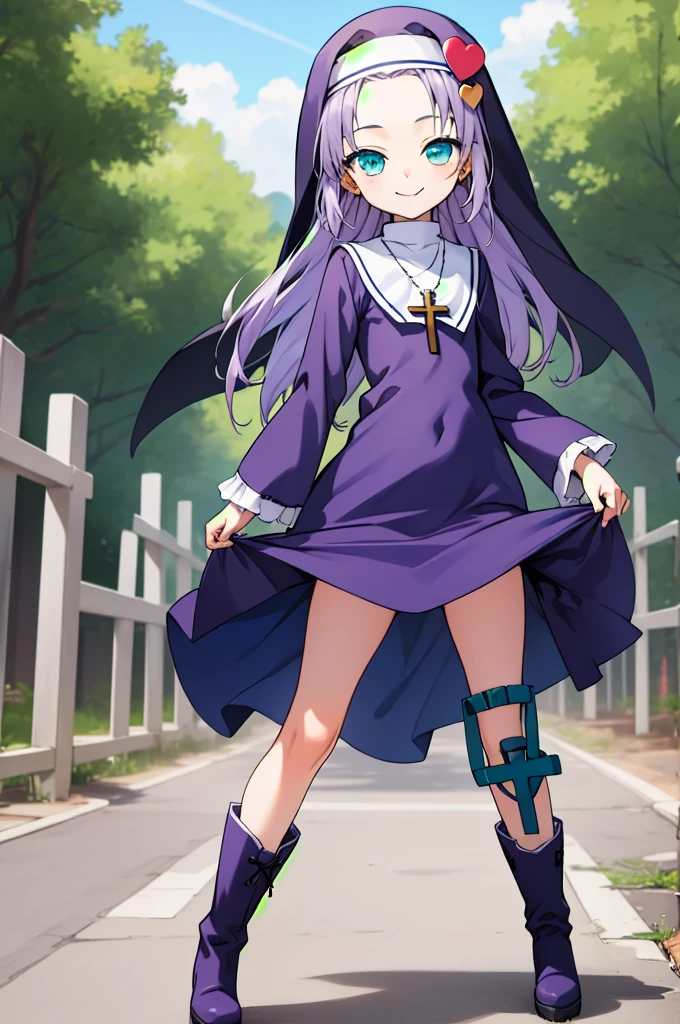 ((masterpiece)),(best quality),outdoors,1girl,solo,,looking at viewer,facing viewer,smile,(petite:1.5),female ,Takayama Maria,nun,long hair,light purple hair,heart hair ornament,sidelocks,parted bangs,aqua eyes,jewelry,cross necklace,habit,purple dress,long sleeves,boots,purple footwear,(nsfw)