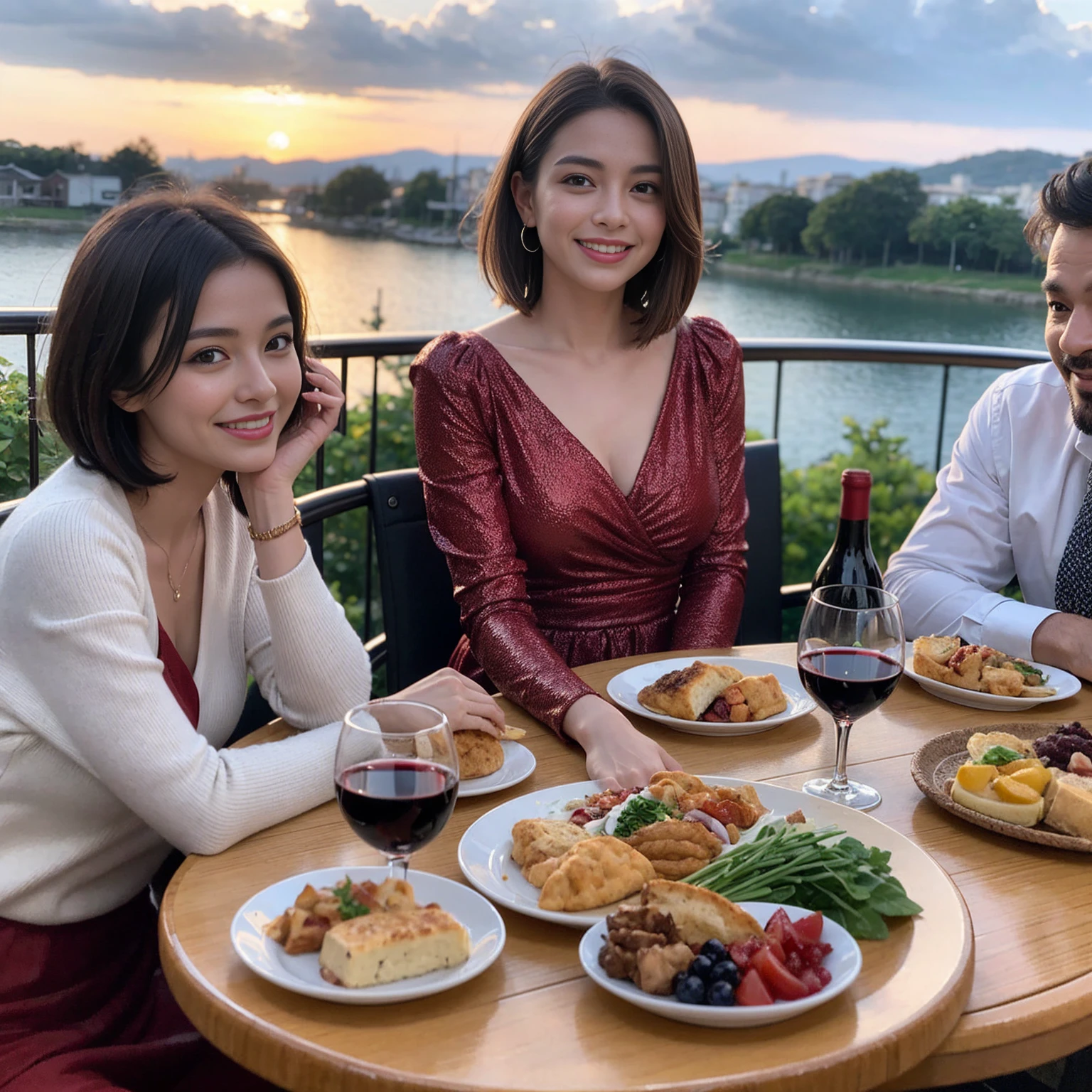 ((Highest quality、8K、masterpiece:1.3))、 (Ultra-realistic、 Genuine、Bright image、Intricate details:1.2), 最高のsmile、1 male、1 female、Beautiful couple、love love love、spouse、spouse、Good friends、actress couple、smile、Full-course dinner at a packed table、 (Slim face), (the body is slim), (Brown Hair), (short hair), テーブルのwine glass、Please shine a light on my face、 Amazing view of the sunset sky and clouds、 39 years old, red wine 、Appetizers、Wine bottle、sparkling wine、Long sleeve shirt、dress、White wine, red wine, wine glass,