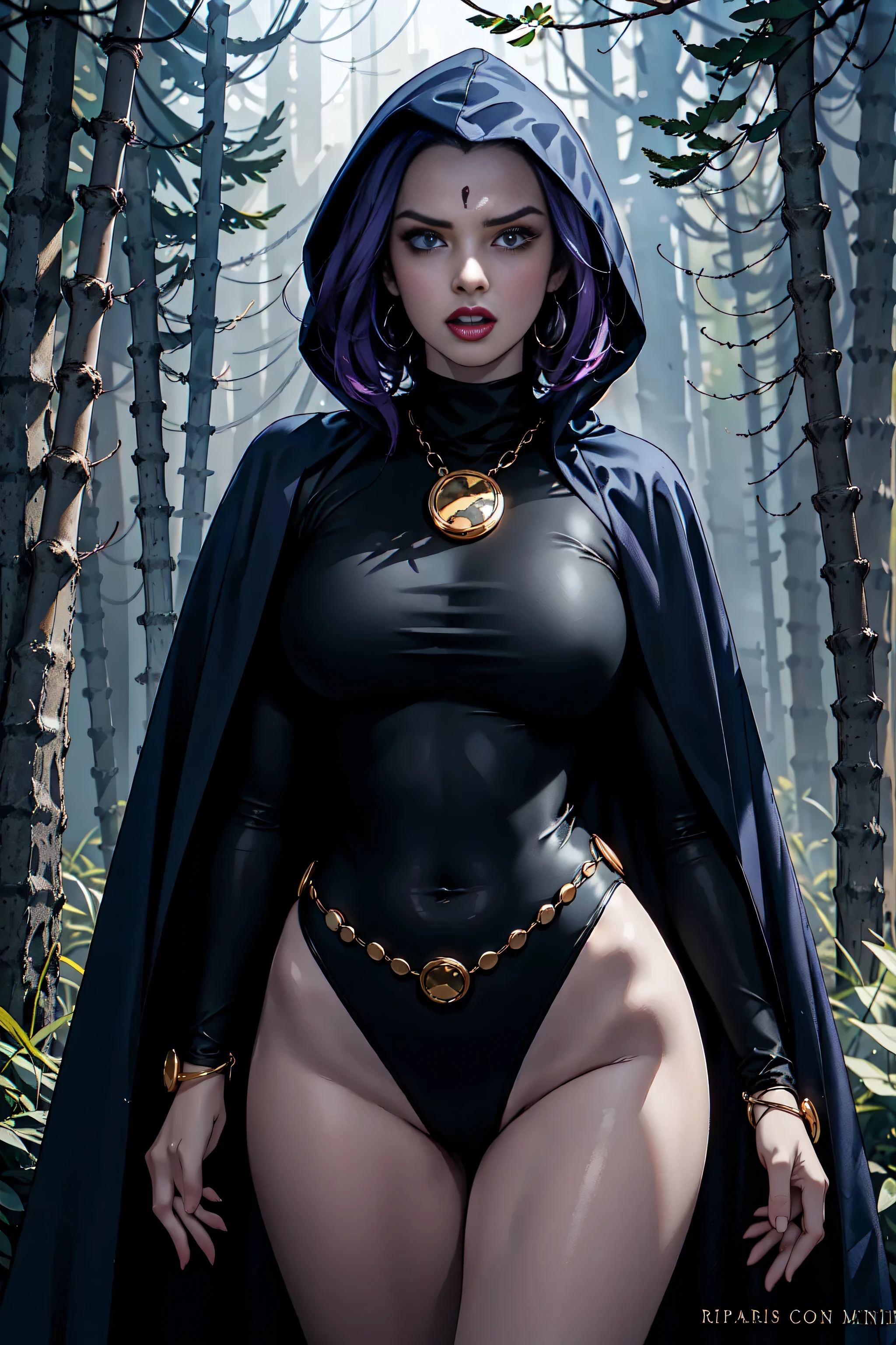 1girl, cowboy shot of rvn, hotraven, pale skin, black leotard, seductive look, massive breasts, wide hips, milf look, turtleneck, tights, cape, hood, glowing eyes, gold belt, jewels, medallion, athletic, looking at viewer, screaming, angry, night, dark forest, mist, fog, volumetric lighting, best quality, masterpiece, intricate details, tonemapping, sharp focus, hyper detailed, realistic